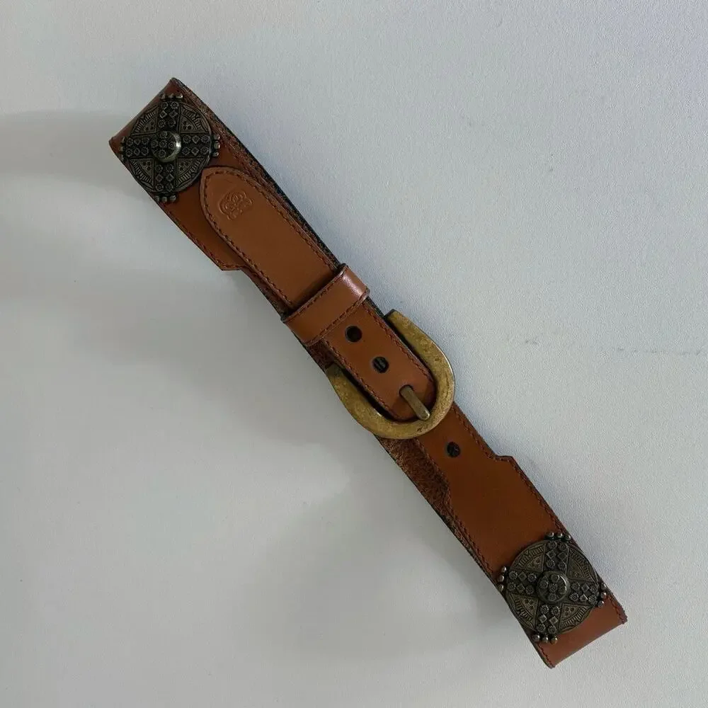 Vintage Western Brown Leather Belt With Metal Detailing cowboy cowgirl rodeo